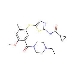 CCN1CCN(C(=O)c2cc(Sc3cnc(NC(=O)C4CC4)s3)c(C)cc2OC)CC1 ZINC000036184871