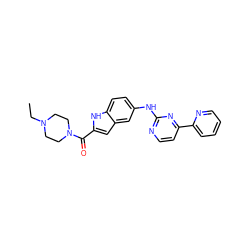 CCN1CCN(C(=O)c2cc3cc(Nc4nccc(-c5ccccn5)n4)ccc3[nH]2)CC1 ZINC000144202557