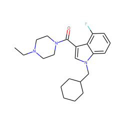 CCN1CCN(C(=O)c2cn(CC3CCCCC3)c3cccc(F)c23)CC1 ZINC000299832471