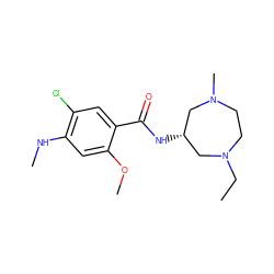 CCN1CCN(C)C[C@@H](NC(=O)c2cc(Cl)c(NC)cc2OC)C1 ZINC000022452401