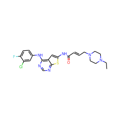 CCN1CCN(C/C=C/C(=O)Nc2cc3c(Nc4ccc(F)c(Cl)c4)ncnc3s2)CC1 ZINC000169311845