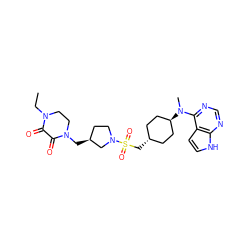 CCN1CCN(C[C@H]2CCN(S(=O)(=O)C[C@H]3CC[C@H](N(C)c4ncnc5[nH]ccc45)CC3)C2)C(=O)C1=O ZINC000261166906