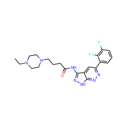 CCN1CCN(CCCC(=O)Nc2n[nH]c3nnc(-c4cccc(F)c4F)cc23)CC1 ZINC000063298561