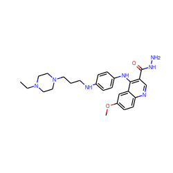 CCN1CCN(CCCNc2ccc(Nc3c(C(=O)NN)cnc4ccc(OC)cc34)cc2)CC1 ZINC000473152444