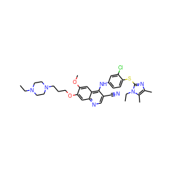 CCN1CCN(CCCOc2cc3ncc(C#N)c(Nc4ccc(Sc5nc(C)c(C)n5CC)c(Cl)c4)c3cc2OC)CC1 ZINC000044281478