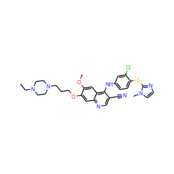 CCN1CCN(CCCOc2cc3ncc(C#N)c(Nc4ccc(Sc5nccn5C)c(Cl)c4)c3cc2OC)CC1 ZINC000022447249