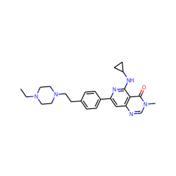 CCN1CCN(CCc2ccc(-c3cc4ncn(C)c(=O)c4c(NC4CC4)n3)cc2)CC1 ZINC000115622069