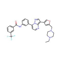 CCN1CCN(Cc2cc(-c3cnn4c(-c5cccc(NC(=O)c6cccc(C(F)(F)F)c6)c5)ccnc34)co2)CC1 ZINC000049946888