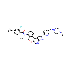 CCN1CCN(Cc2ccc(-c3cc4c(-c5cccc(N6CCOc7cc(C8CC8)cc(F)c7C6=O)c5CO)ccnc4[nH]3)nc2)CC1 ZINC001772596074