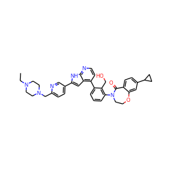 CCN1CCN(Cc2ccc(-c3cc4c(-c5cccc(N6CCOc7cc(C8CC8)ccc7C6=O)c5CO)ccnc4[nH]3)cn2)CC1 ZINC000148711234