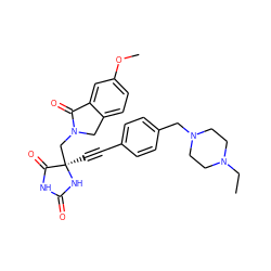 CCN1CCN(Cc2ccc(C#C[C@]3(CN4Cc5ccc(OC)cc5C4=O)NC(=O)NC3=O)cc2)CC1 ZINC000064559000