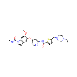 CCN1CCN(Cc2ccc(C(=O)Nc3cc(Oc4cc5ccn(C(=O)NC)c5cc4OC)ccn3)s2)CC1 ZINC000169711528