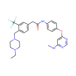 CCN1CCN(Cc2ccc(CC(=O)Nc3ccc(Oc4cc(NC)ncn4)cc3)cc2C(F)(F)F)CC1 ZINC000653871744