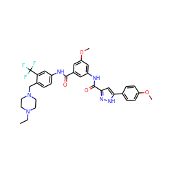 CCN1CCN(Cc2ccc(NC(=O)c3cc(NC(=O)c4cc(-c5ccc(OC)cc5)[nH]n4)cc(OC)c3)cc2C(F)(F)F)CC1 ZINC000072147780