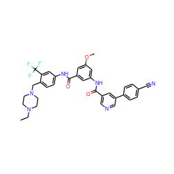 CCN1CCN(Cc2ccc(NC(=O)c3cc(NC(=O)c4cncc(-c5ccc(C#N)cc5)c4)cc(OC)c3)cc2C(F)(F)F)CC1 ZINC000072136872