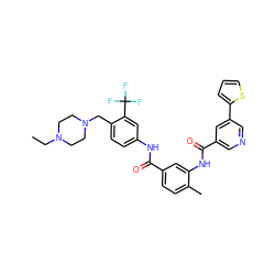 CCN1CCN(Cc2ccc(NC(=O)c3ccc(C)c(NC(=O)c4cncc(-c5cccs5)c4)c3)cc2C(F)(F)F)CC1 ZINC000042966573