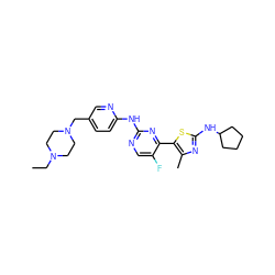 CCN1CCN(Cc2ccc(Nc3ncc(F)c(-c4sc(NC5CCCC5)nc4C)n3)nc2)CC1 ZINC001772576730