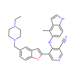 CCN1CCN(Cc2ccc3oc(-c4cncc(C#N)c4Nc4ccc5[nH]ccc5c4C)cc3c2)CC1 ZINC000045259249