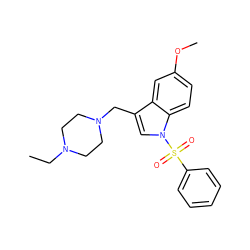 CCN1CCN(Cc2cn(S(=O)(=O)c3ccccc3)c3ccc(OC)cc23)CC1 ZINC001772637324