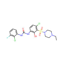 CCN1CCN(S(=O)(=O)c2c(Cl)ccc(NC(=O)Nc3cccc(F)c3Cl)c2O)CC1 ZINC000653864045