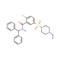 CCN1CCN(S(=O)(=O)c2ccc(Cl)c(C(=O)N(C)C(c3ccccc3)c3ccccc3)c2)CC1 ZINC000012998538