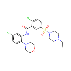 CCN1CCN(S(=O)(=O)c2ccc(Cl)c(C(=O)Nc3cc(Cl)ccc3N3CCOCC3)c2)CC1 ZINC000012536413