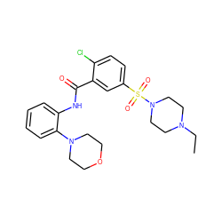 CCN1CCN(S(=O)(=O)c2ccc(Cl)c(C(=O)Nc3ccccc3N3CCOCC3)c2)CC1 ZINC000014870562