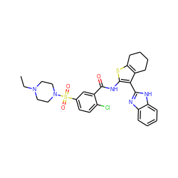 CCN1CCN(S(=O)(=O)c2ccc(Cl)c(C(=O)Nc3sc4c(c3-c3nc5ccccc5[nH]3)CCCC4)c2)CC1 ZINC000038145492