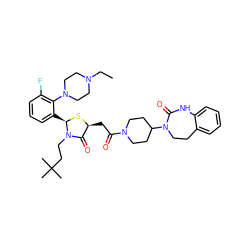 CCN1CCN(c2c(F)cccc2[C@H]2S[C@@H](CC(=O)N3CCC(N4CCc5ccccc5NC4=O)CC3)C(=O)N2CCC(C)(C)C)CC1 ZINC000150606285