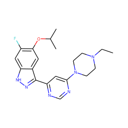 CCN1CCN(c2cc(-c3n[nH]c4cc(F)c(OC(C)C)cc34)ncn2)CC1 ZINC000221293133