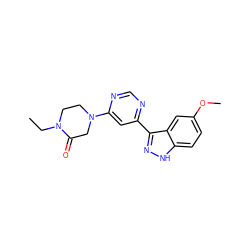 CCN1CCN(c2cc(-c3n[nH]c4ccc(OC)cc34)ncn2)CC1=O ZINC000225558290