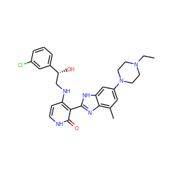 CCN1CCN(c2cc(C)c3nc(-c4c(NC[C@@H](O)c5cccc(Cl)c5)cc[nH]c4=O)[nH]c3c2)CC1 ZINC000049088071