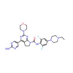 CCN1CCN(c2cc(F)c(NC(=O)N3CCc4c(-c5cnc(N)nc5)nc(N5CCOCC5)nc43)c(F)c2)CC1 ZINC000118760144