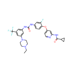 CCN1CCN(c2cc(NC(=O)Nc3ccc(Oc4ccnc(NC(=O)C5CC5)c4)c(F)c3)cc(C(F)(F)F)c2)CC1 ZINC001772625664