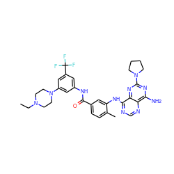 CCN1CCN(c2cc(NC(=O)c3ccc(C)c(Nc4ncnc5c(N)nc(N6CCCC6)nc45)c3)cc(C(F)(F)F)c2)CC1 ZINC000148054669