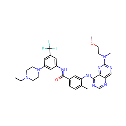 CCN1CCN(c2cc(NC(=O)c3ccc(C)c(Nc4ncnc5cnc(N(C)CCOC)nc45)c3)cc(C(F)(F)F)c2)CC1 ZINC000148310730