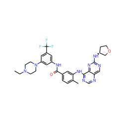 CCN1CCN(c2cc(NC(=O)c3ccc(C)c(Nc4ncnc5cnc(N[C@@H]6CCOC6)nc45)c3)cc(C(F)(F)F)c2)CC1 ZINC000148255132