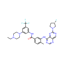 CCN1CCN(c2cc(NC(=O)c3ccc(C)c(Nc4ncnc5cnc(N6CC[C@H](F)C6)nc45)c3)cc(C(F)(F)F)c2)CC1 ZINC000148297831