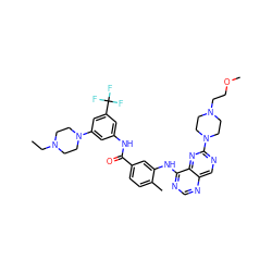 CCN1CCN(c2cc(NC(=O)c3ccc(C)c(Nc4ncnc5cnc(N6CCN(CCOC)CC6)nc45)c3)cc(C(F)(F)F)c2)CC1 ZINC000165275819