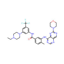 CCN1CCN(c2cc(NC(=O)c3ccc(C)c(Nc4ncnc5cnc(N6CCOCC6)nc45)c3)cc(C(F)(F)F)c2)CC1 ZINC000148298323