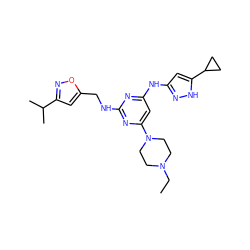 CCN1CCN(c2cc(Nc3cc(C4CC4)[nH]n3)nc(NCc3cc(C(C)C)no3)n2)CC1 ZINC000203008758