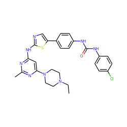 CCN1CCN(c2cc(Nc3ncc(-c4ccc(NC(=O)Nc5ccc(Cl)cc5)cc4)s3)nc(C)n2)CC1 ZINC000222004460