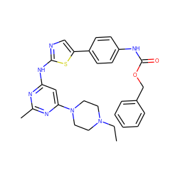 CCN1CCN(c2cc(Nc3ncc(-c4ccc(NC(=O)OCc5ccccc5)cc4)s3)nc(C)n2)CC1 ZINC000473107998