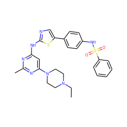 CCN1CCN(c2cc(Nc3ncc(-c4ccc(NS(=O)(=O)c5ccccc5)cc4)s3)nc(C)n2)CC1 ZINC000473111403