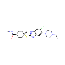 CCN1CCN(c2cc3[nH]c(S[C@]4(C)CC[C@@H](C(=O)NC)CC4)nc3cc2Cl)CC1 ZINC000261090429