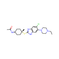 CCN1CCN(c2cc3[nH]c(S[C@]4(C)CC[C@@H](NC(C)=O)CC4)nc3cc2Cl)CC1 ZINC000253666855