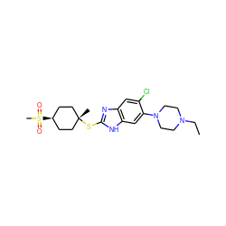 CCN1CCN(c2cc3[nH]c(S[C@]4(C)CC[C@@H](S(C)(=O)=O)CC4)nc3cc2Cl)CC1 ZINC000261163861