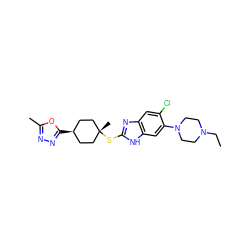 CCN1CCN(c2cc3[nH]c(S[C@]4(C)CC[C@@H](c5nnc(C)o5)CC4)nc3cc2Cl)CC1 ZINC000253665813