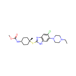 CCN1CCN(c2cc3[nH]c(S[C@]4(C)CC[C@H](NC(=O)OC)CC4)nc3cc2Cl)CC1 ZINC000100423400