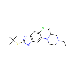 CCN1CCN(c2cc3[nH]c(SC(C)(C)C)nc3cc2Cl)[C@H](C)C1 ZINC000040878942